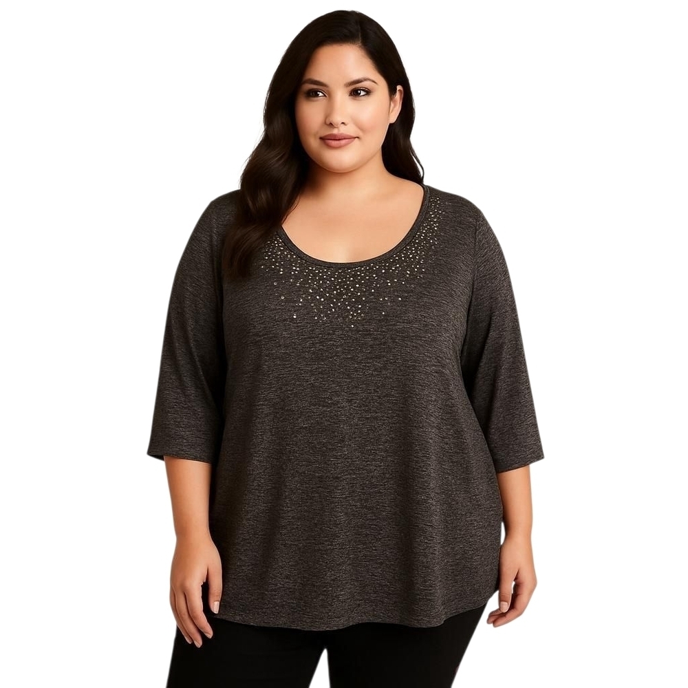 Obsession Black Sparkly Scoop Neck 3/4 Sleeve High Low Hem Blouse Plus Size 3X